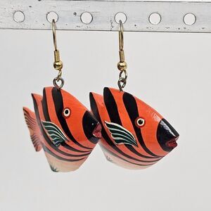Vintage Fish Hand Painted Orange Wood Dangle Hook Pierced Tropical Boho Earrings